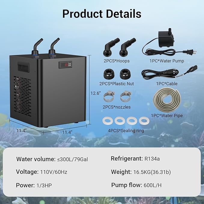 1/3 Hp Aquarium Chiller, 79 Gal Water Chiller Machine, Fresh & Salt Fish Tank Chiller for Axolotl Jellyfish Coral Reef, Hydroponic Water Chiller with Water Pump and Quiet Design Compressor