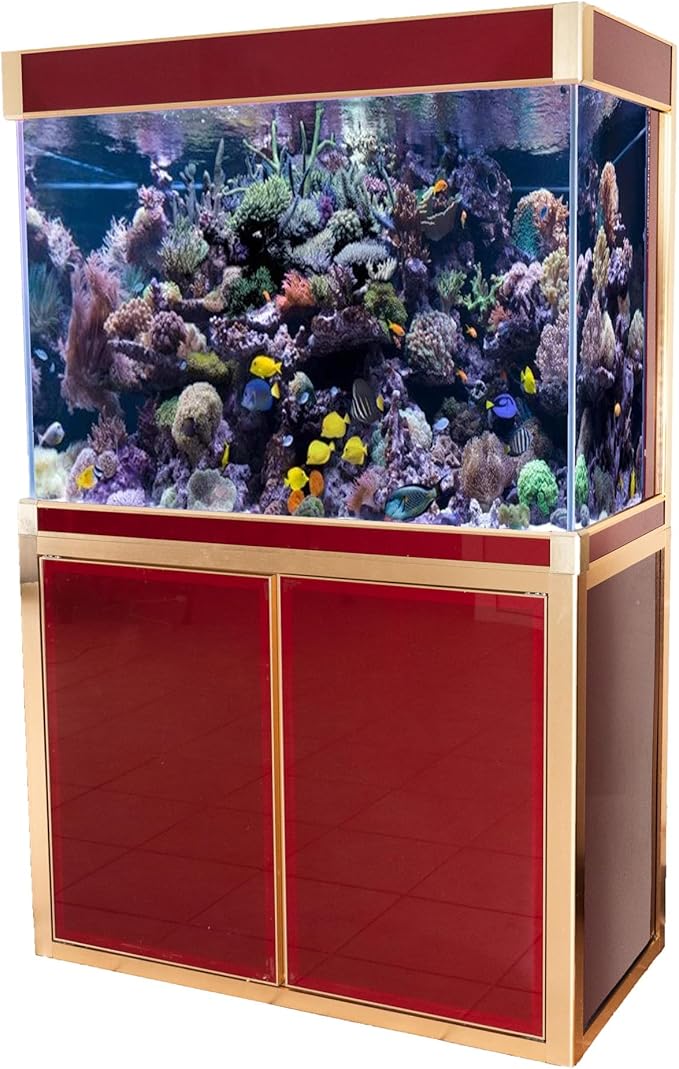 100 Gallon Glass Aquarium with Aluminum Cabinet - Including Sump for Filtration and Circulation, Plumbing, LED, Red with Gold Trim