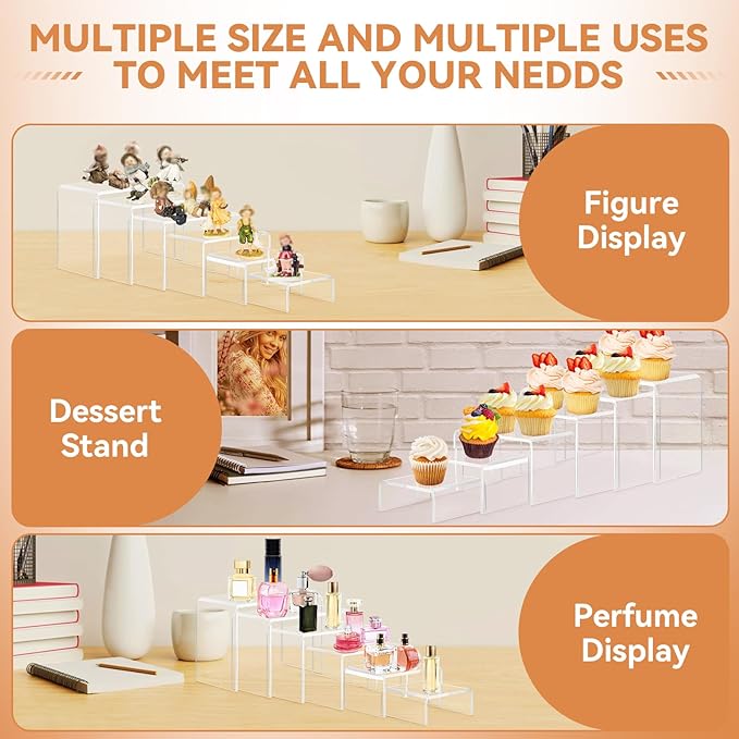 12 Pcs Small Size Acrylic Display Risers, 2 Sets Acrylic Risers Display Stands, 0.15" Thick Clear Shelf Riser, Risers Display Stands for Perfume, Dessert, Candy, Figure, Toys, Jewelry Showcase