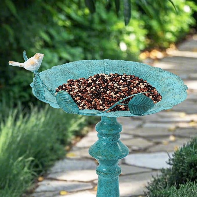 22" H Bird Baths for Oudoors, Antique Pedestal Bird Bath with Bird Statues Metal Birdbaths Bird Feeder Bowl Tray Garden Yard Decoration, Blue