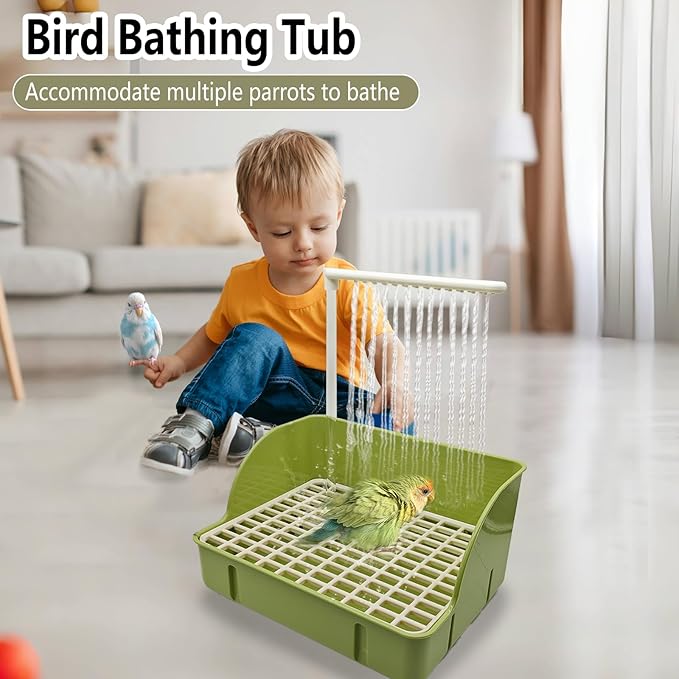 kathson Parrot Bathtub, Automatic Bird Bath Indoor,Parakeet Shower Fountain,Parrot Bath Tub for Pet Birds, Cockatiel, Conure, Budgie, Lovebird, African Grey, Finches (Green)