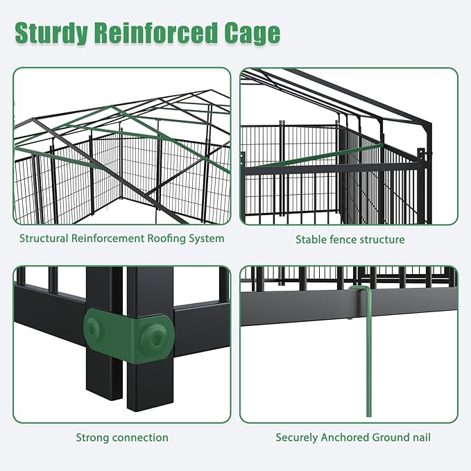 10x10ft Large Dog Kennel Outdoor with Roof, Covered Heavy Duty Dog Pen with Feeding Door, Steel Enclosure Fence with Dual Safety Locks, XL Outside Dog Cage for Large Dogs