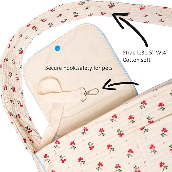 Flower Pet Sling Carrier for Small Dogs and Cats, Breathable Cotton Cats Carrier Purse，Floral Print Puppy Bag 3-10 Lbs, Hand Free Travel Chest Cat Sling, Gifts for Pet Mom Girls（White, Small