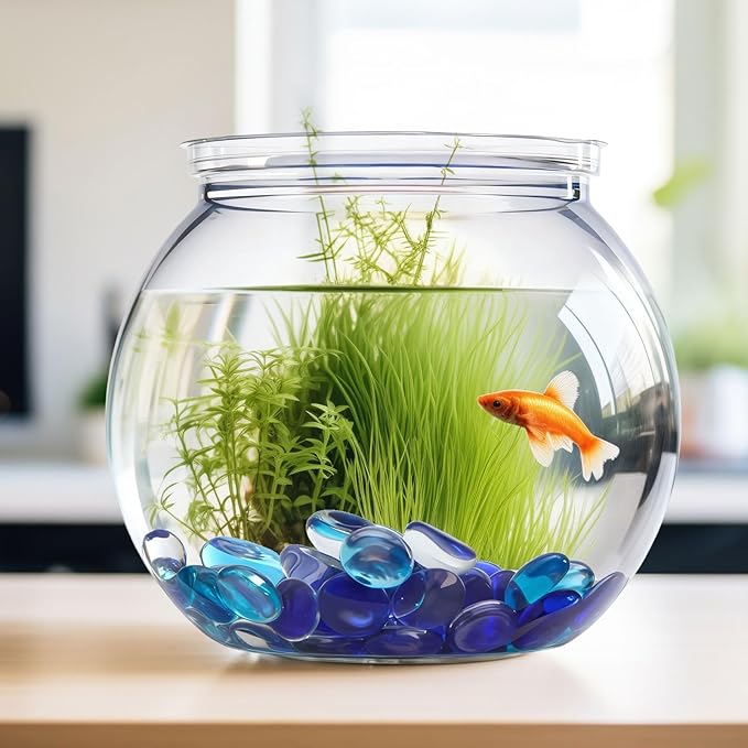12 Pcs Mini Plastic Fish Bowl 27 oz with 900 Pcs Mixed Flat Glass Marbles Plastic Aquarium Starter Kits Fish Tank Decor for Home Tabletop Office Desk Pet Tanks Decoration