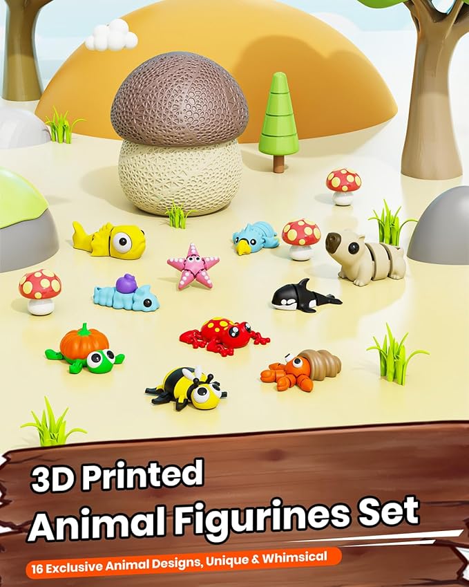 11PCS 1.6-2.6in 3D Printed Animal Figurines Set with Mushroom Container - 16 Unique Articulated Animals, Fidget Toys for Stress Relief, Party Favors, Desk Decor & Gifts for Kids & Adults (11PCS Brown)