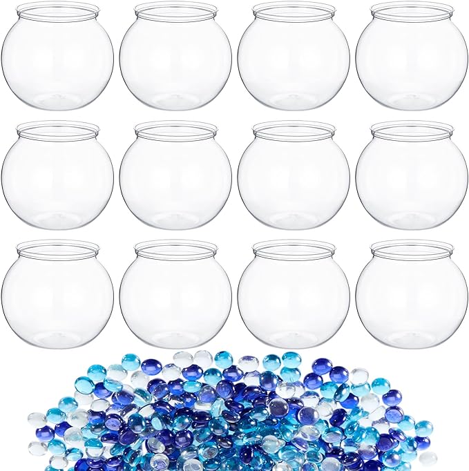 12 Pcs Mini Plastic Fish Bowl 27 oz with 900 Pcs Mixed Flat Glass Marbles Plastic Aquarium Starter Kits Fish Tank Decor for Home Tabletop Office Desk Pet Tanks Decoration