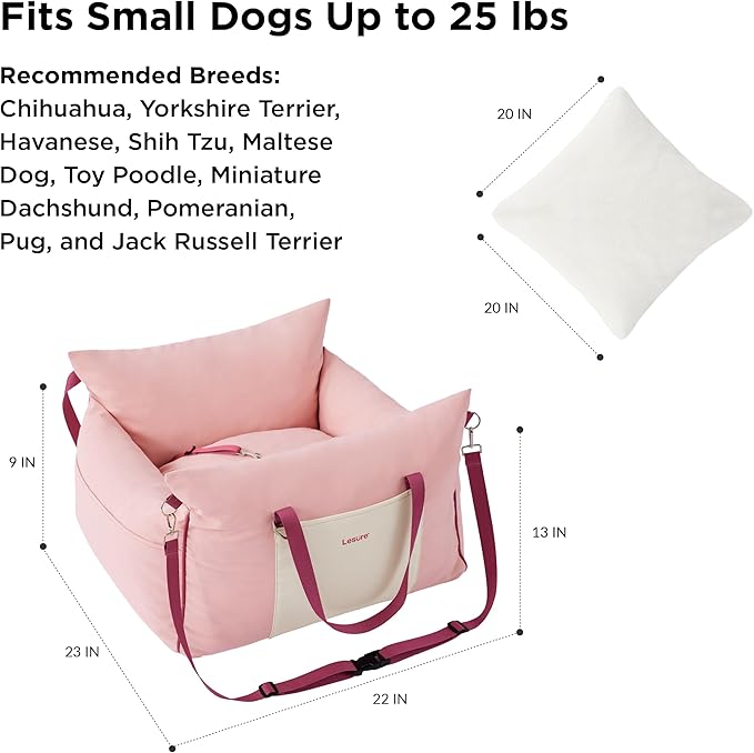 Lesure Small Dog Car Seat for Small Dogs -Soft Dog Booster Seat for Car with Storage Pocket and Clip-On Safety Leash and Thickened Memory Foam Filling, Pet Travel Carrier Bed Strawberry Cream
