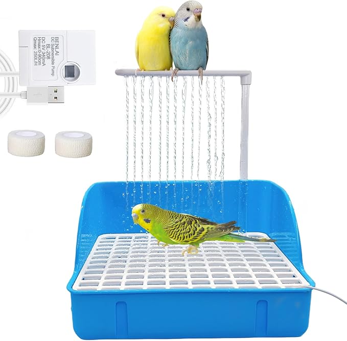 kathson Automatic Parrot Bathtub with Pump, Large Bird Shower Fountain, Parakeet Bath Tub for Medium Birds,Cockatiel,Cockatoo,Lovebird,African Grey,Conure, Budgie (Blue)