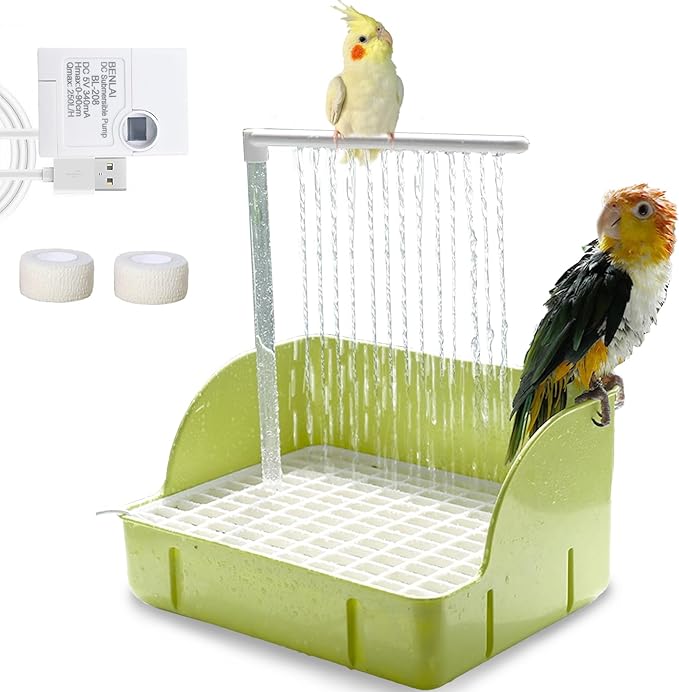 kathson Parrot Bathtub, Automatic Bird Bath Indoor,Parakeet Shower Fountain,Parrot Bath Tub for Pet Birds, Cockatiel, Conure, Budgie, Lovebird, African Grey, Finches (Green)