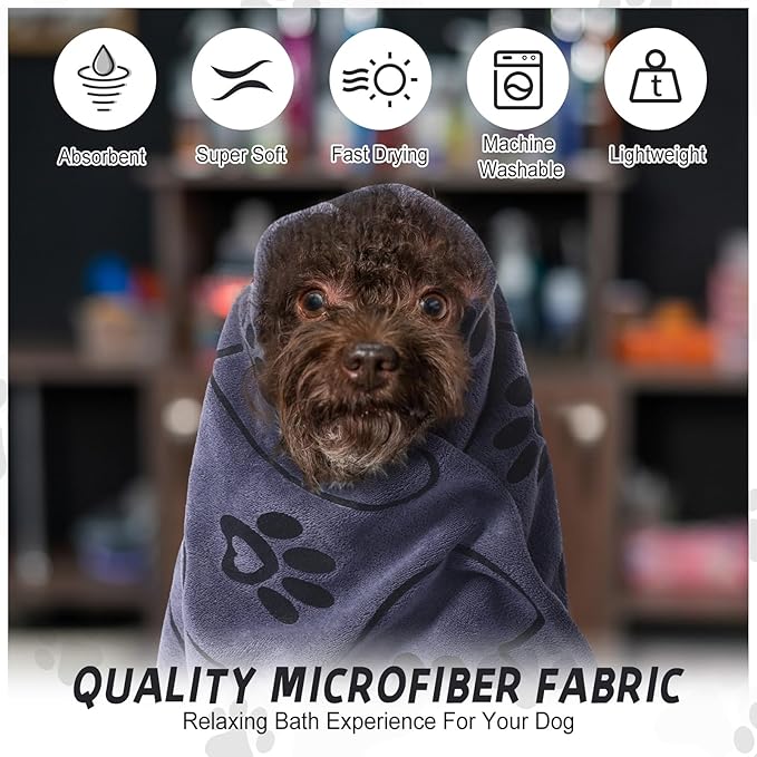 4 Pcs Dog Bath Towels Microfiber Drying Dog Towel Absorbent Pet Heart Paw Towels for Medium Dogs Puppy Cats Pets Shower(Gray)
