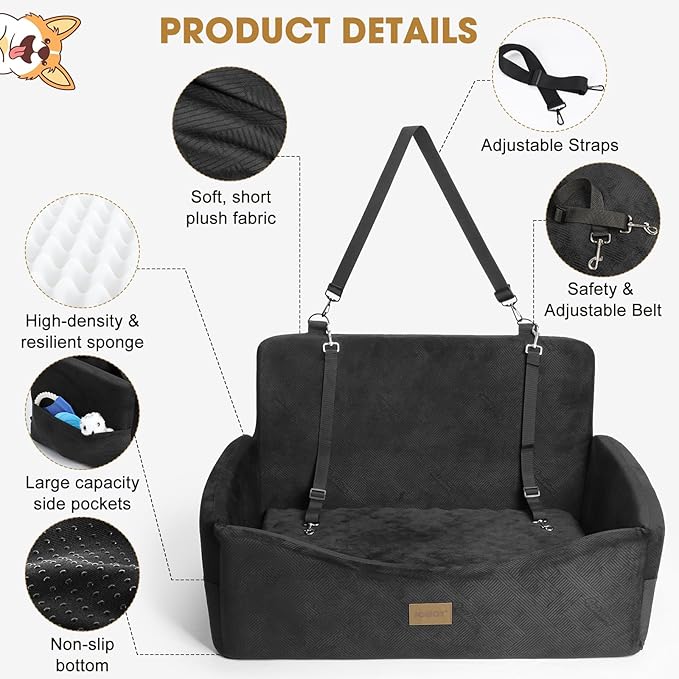 JOEJOY Dog Car Seat for Medium Sized Dogs or 2 Small Dogs, Large Dog Booster Seat Under 55 lbs with Detachable Washable Cover and Cushion, Memory Foam Pet Car Seat with Safety Belt and Storage Pockets