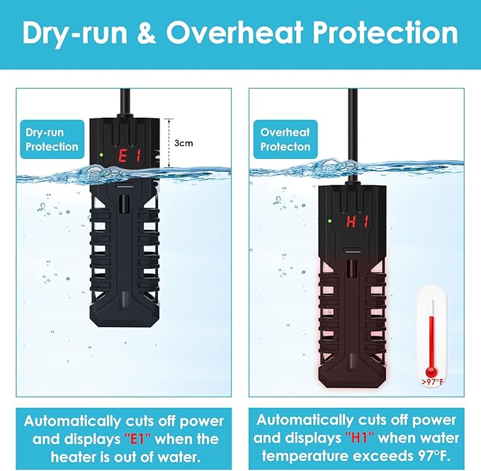 100W Aquarium Heater, Adjustable Fish Tank Heater, with Digital Display, Overheat Protection & Dry Run Protection, for 10-20 Gallon Water