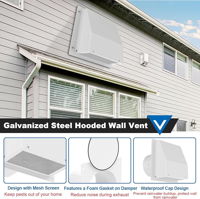 10 Inch Hooded Wall Vent with Screen and Damper, Galvanized Steel Wall Vent Cap White Metal Hood Cover Exhaust Duct Kit with Hose Clamp Foil Tape Screws for Exterior Laundry Room Bathroom Basement