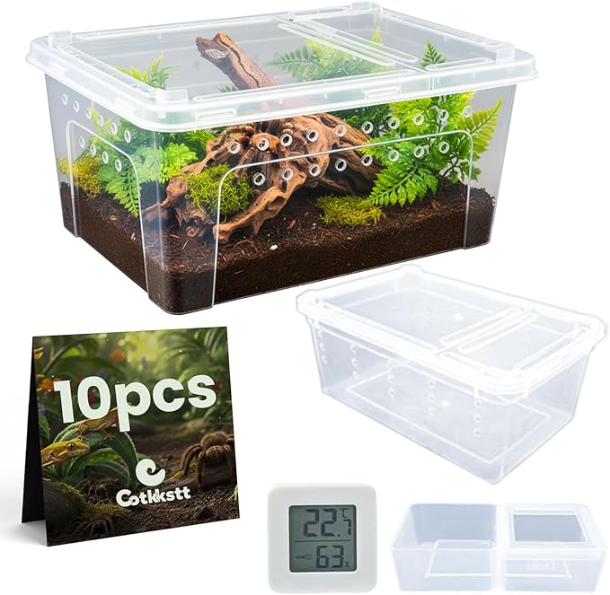 10 Pcs Reptile Enclosure Breeding Box Cage Kit, Portable Plastic Snake Transparent Animal Indoor Habitat Cage Turtle Box Critter Keeper Digital Thermometer Hygrometer, Feeder Dish & More | by Cotkkstt