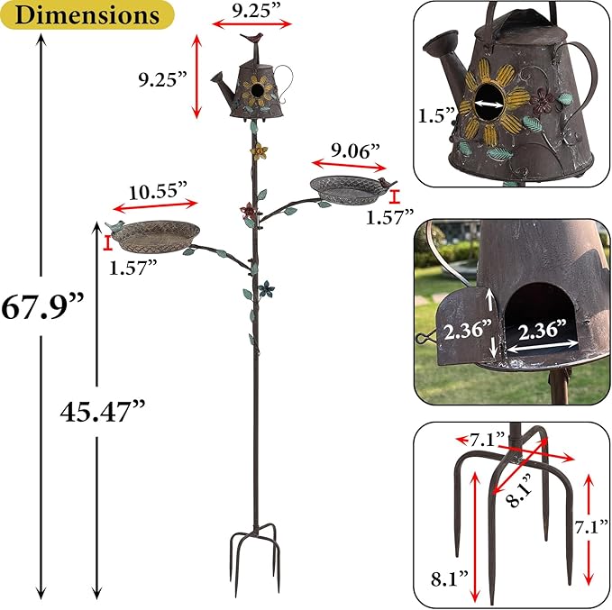 Bird Baths and Bird Houses with Pole, 67.9" H Metal Bird House Stake, Standing Bird Feeder and Bath Combo, Birdhouses for Outdoors, Tall Bird Bath with 4-Prong Stake for Outside Garden Decor