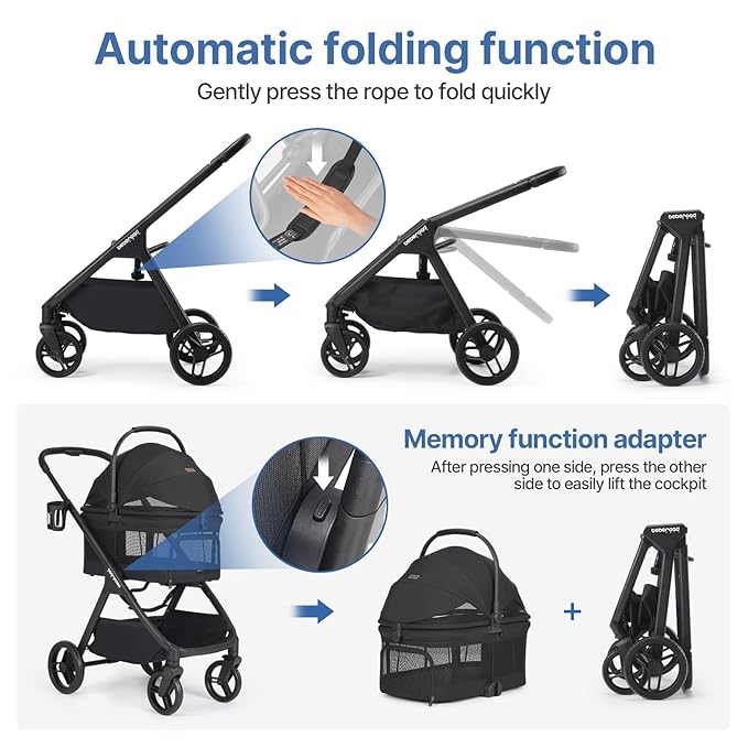 X-5 Luxury Pet Stroller for Medium Dog Under 55lbs or 2 Small Dogs & Cats, One-Touch Folding, Adjustable Handle and Detachable Carrier (Black & Net Wall)