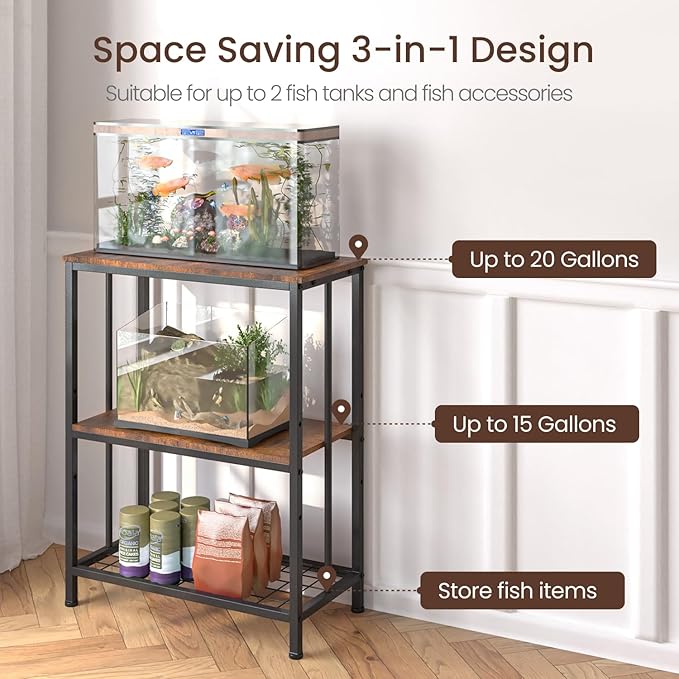 10-20 Gallon Fish Tank Stand, 3-Tier Metal 20 Gallon Aquarium Stand Heavy Duty 5-10 Gallon Reptile Stand with Adjustable Storage Shelf for Breeder/Turtle/Terrarium Tank-24.8" L*11.8" W*30.7" H