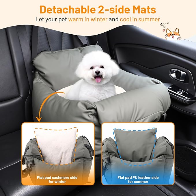 Dog Car Seat for Small Dogs with Removable Sunshade Waterproof PU Leather Travel Bed & Carrier for Small Pets Dog Booster Seat for Front & Back Seat (Grey)