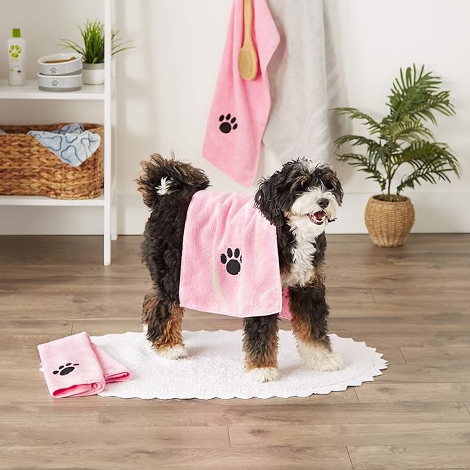 Bone Dry Pet Grooming Towel Collection Embroidered Absorbent Microfiber Drying Set, 15x30, Pink, 3 Count