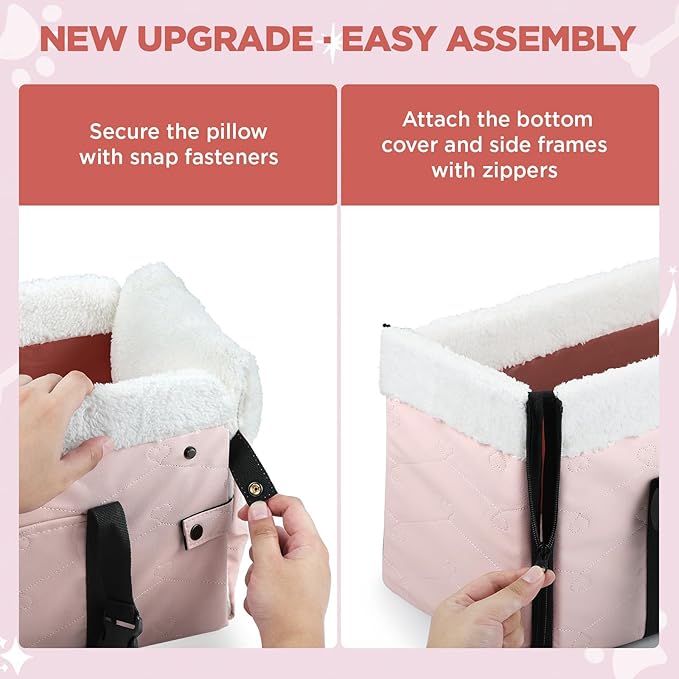 Center Console Dog Car Seat for Small Dogs,PU Leather Small Dog Car Booster Seat,Washable Foldable with Safe Protection Hooks Adjustable Straps and Storage Pocket Pet Up to 15lbs-Pink