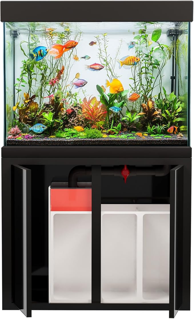 100 Gallon Glass Aquarium with Aluminum Cabinet - Including Sump for Filtration and Circulation, Plumbing, LED, Black