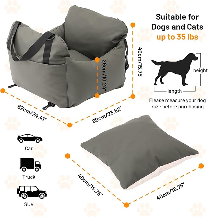 Dog Car Seat for Small Dogs with Removable Sunshade Waterproof PU Leather Travel Bed & Carrier for Small Pets Dog Booster Seat for Front & Back Seat (Grey)