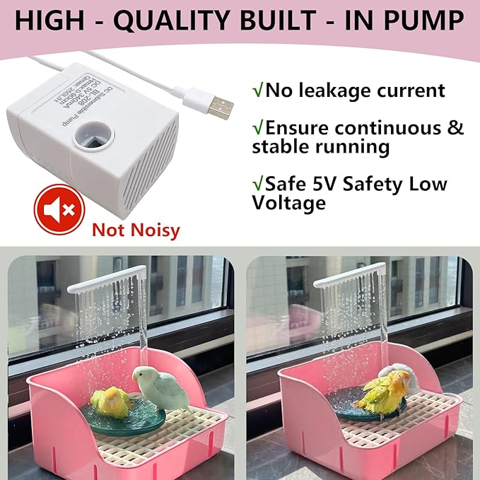 kathson Parrot Bathtub, Automatic Bird Bath Indoor,Parakeet Shower Fountain,Parrot Bath Tub for Pet Birds, Cockatiel, Conure, Budgie, Lovebird, African Grey, Finches (Pink)
