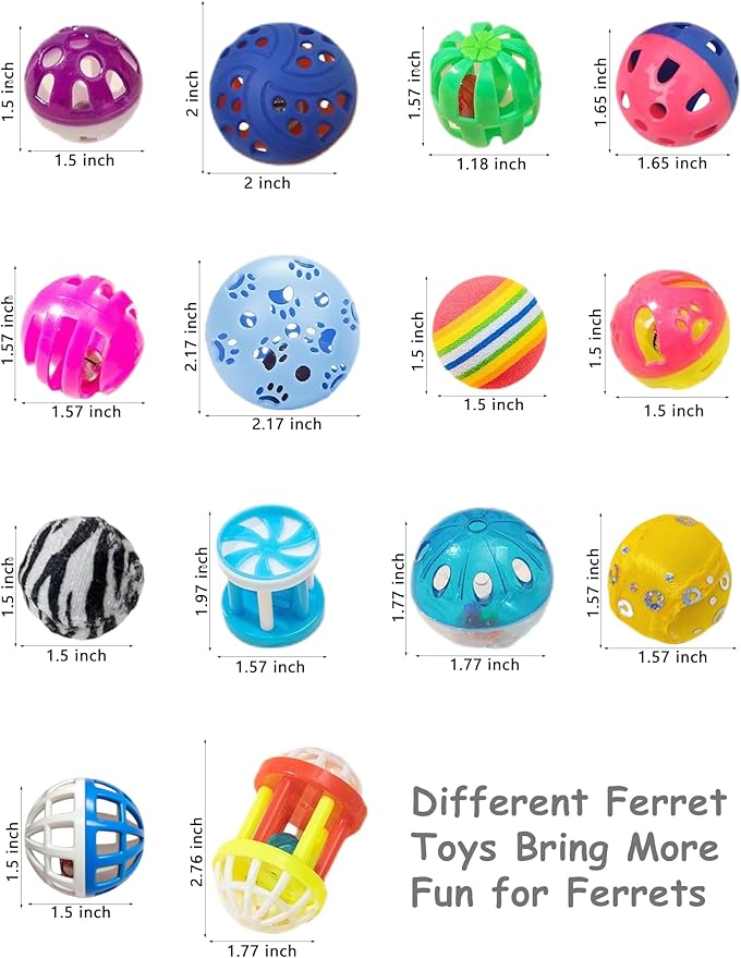 10-Pack Resilient Ferret Toys, Colorful Teething Balls, Bells, Interactive Stimulation, Easy-Clean for Oral Health (1.5'' - 2.7'', Ferret Toys Mega Set)