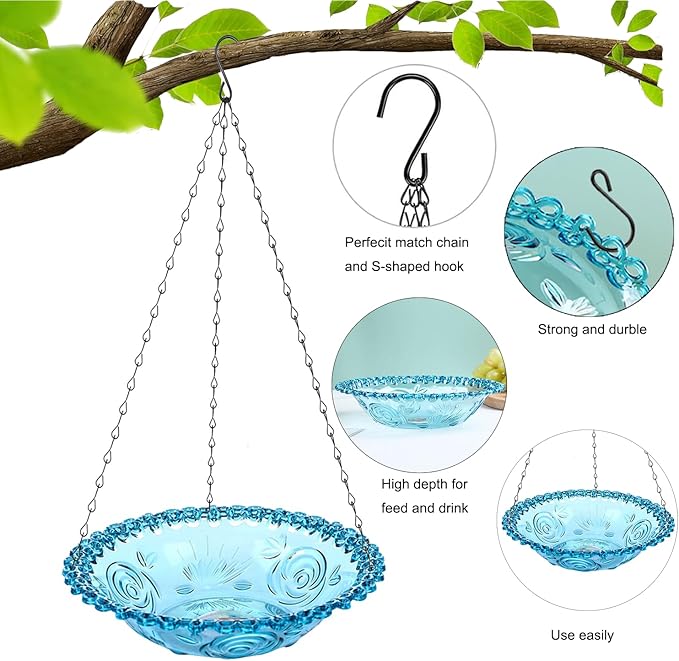 4 Pack Super Value Hanging Plastic Bird Baths and Feeders for Outdoors Bird Water Bowls and Seed Trays Set Attract Wild Birds Garden Yard Decor Gift (Blue Pink Gray Purple)