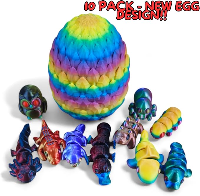 10 Pack Mystery Mini Animal Packs - 3D Printed Animals Articulating Figurines - Unique and Fun Designs Includes Mystery Egg - Stress Relief (Mystery Gemstone 10)