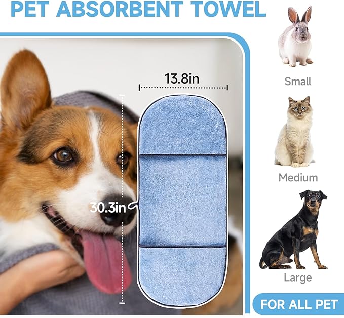 Dog Towels for Drying Dogs Small Medium Large, 2 Pack Dog Cat Drying Bath Towel 30.3"x13.8" with Hand Pocket,Absorbent Pet Towel for Dog Cat Blue