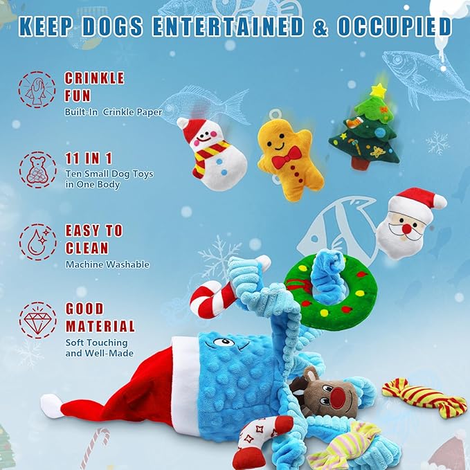 Squeaky Dog Toys, Christmas Octopus Dog Toy with 10 Pcs Small Dog Toy, Interactive Tug of War Dog Plush Toy, Crinkle Dog Toy Plush Dog Toys (Blue)