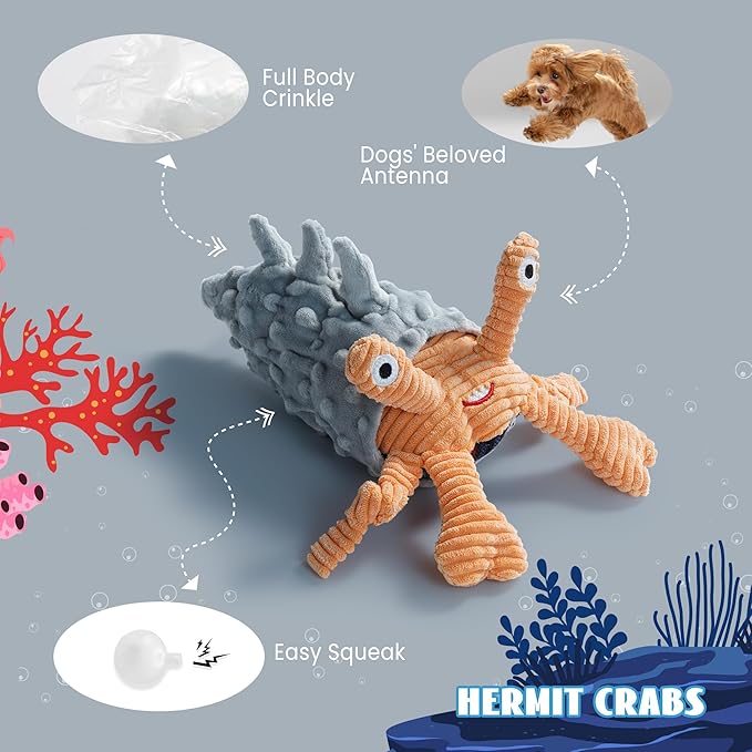 Nocciola Crinkle Squeaky Blue Octopus Dog Toy - Ocean Theme Stuffed Interactive Rope Toys for Small, Medium & Large Dogs - Durable for Aggressive Chewers (Shell)