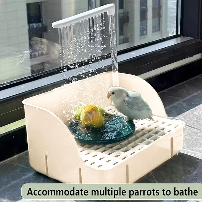kathson Parrot Bathtub, Automatic Bird Bath Indoor,Parakeet Shower Fountain,Parrot Bath Tub for Pet Birds, Cockatiel, Conure, Budgie, Lovebird, African Grey, Finches,Beige