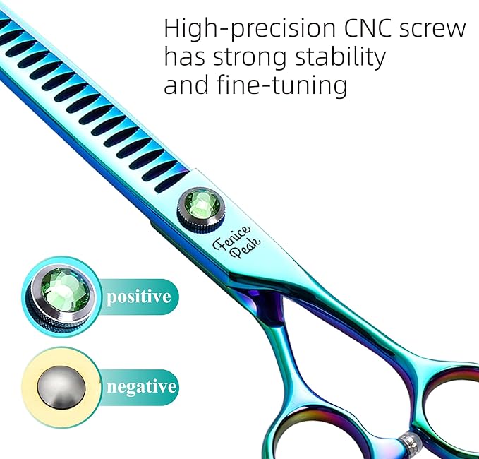 Fenice Peak 7.5'' Green Chunker Dog Grooming Scissors Pet Shears with Ergonomic Offest Handle and Simulated Emerald Screw 440C Grooming Scissors Trimming Shears Durable and Sharp