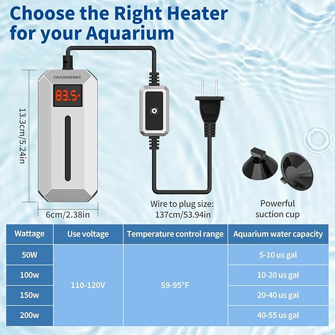 100W Aquarium Heater Fish Tank Submersible Water Heater with LED Digital Display Fish Tank Water Heater for 10-20 Gallons Freshwater & Saltwater Turtle Tanks Heater