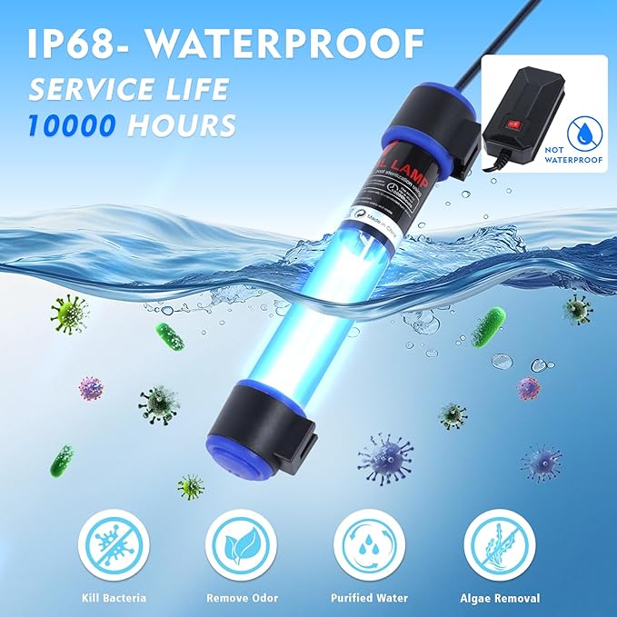 11W UVC Aquarium Light for Fish Tank and Pond – Quartz Tube Waterproof UV Lamp, Water Clarifier for Clearer Water