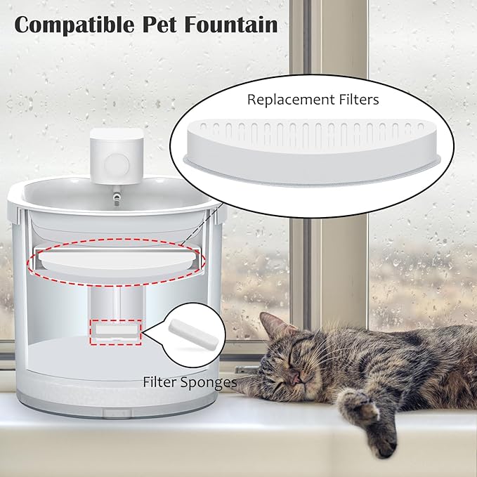 12 Pack Cat Water Fountain Filter & 12 Pack Replacement Fliter Sponges Compatible with Uahpet Water Fountain 67oz/2L Automatic Pet Fountain,Pack of 24