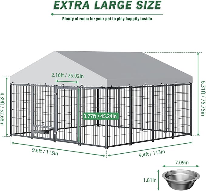 10x10ft Large Dog Kennel Outdoor with Roof, Covered Heavy Duty Dog Pen with Feeding Door, Steel Enclosure Fence with Dual Safety Locks, XL Outside Dog Cage for Large Dogs