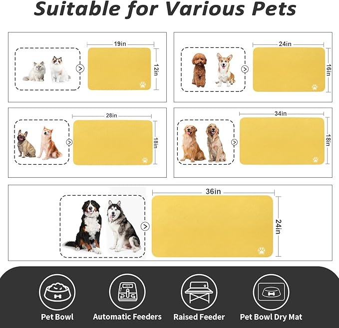 Dog Food Mat - Absorbent Cat Mat for Food and Water, No Stains Pet Feeding Bowl Mat, Easy to Clean Pet Placemats, Quick Dry Dog Water Dispenser Mat for Messy Drinkers | Paw Yellow 16"x 24"