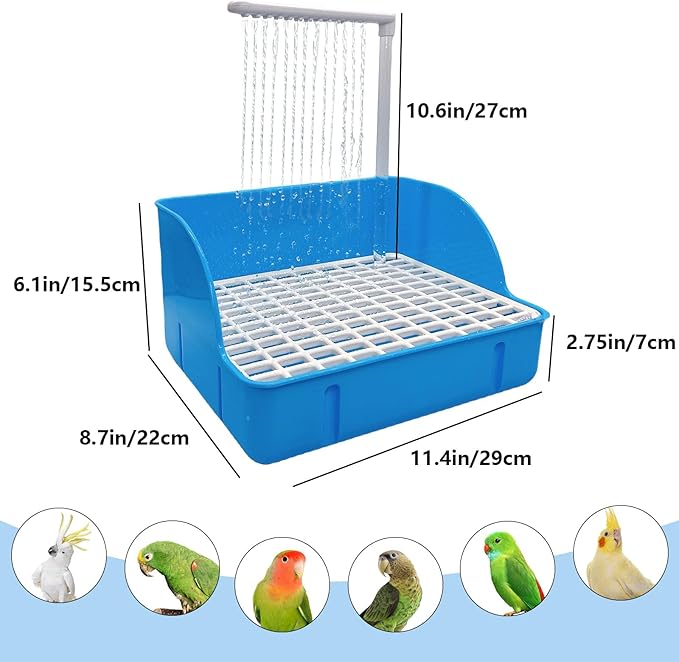 kathson Automatic Parrot Bathtub with Pump, Large Bird Shower Fountain, Parakeet Bath Tub for Medium Birds,Cockatiel,Cockatoo,Lovebird,African Grey,Conure, Budgie (Blue)