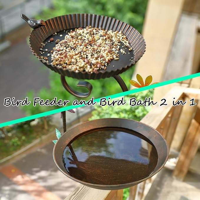 Deck Bird Bath and Feeder, Detachable Metal Bird Baths for Deck Railing, Antique Decorative Bird Bath Bowl with Adjustable Heavy Duty Clamp for Outdoor Balcony Patio Porch Garden Rail Mount