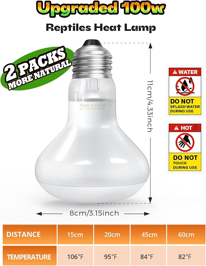 100W Reptile Heat Lamp Bulb, 2 Pack Day & Night Basking Spot Light Combo Pack Includes Infrared Heat Lamp and UVA Daylight Heating Lamp Basking Light