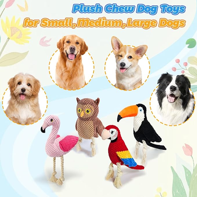 4-Pack Squeaky Dog Toys for Small Medium Large Dogs Interactive Rope Plush Dog Toys Set Flamingo, Parrot, Toucan, Owl Stuffed Puppy Toys for Teething, Anxiety Relief Perfect for Aggressive Chewers