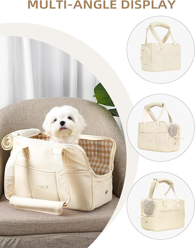 Dog Purse Carrier for Small Dogs Rabbit cat with Large Pockets, Cotton Bag, Dog Carrier Soft Sided, Collapsible Travel Puppy Carrier (Beige, 13.6" L x 6.5" W x 10" H)
