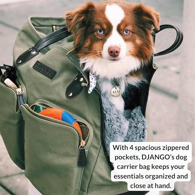 DJANGO Waxed Canvas & Leather Dog Carrier Tote Bag – Premium Soft-Sided Travel Dog Purse with Safety Leash, WR Lining, Zipper Pockets – Everyday Pet Carrier for Small Dogs up to 20 lbs (Olive, Large)