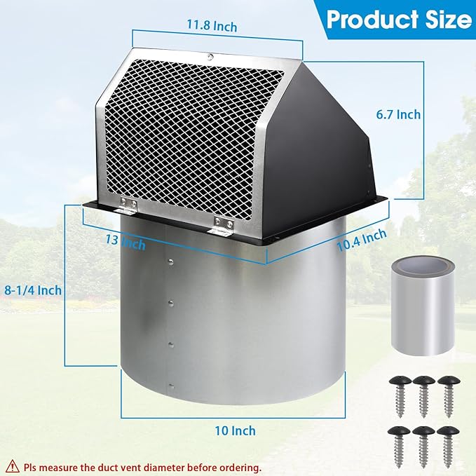 10" Hooded Wall Exhaust Vent Cover Outdoor Hooded Wall Vent with Screen and Damper,Outside Exhaust Dryer Vent Cover Exterior Wall Vent Cover for House Kitchen Range Hood Dryer,Black Hood Wall Vent Cap