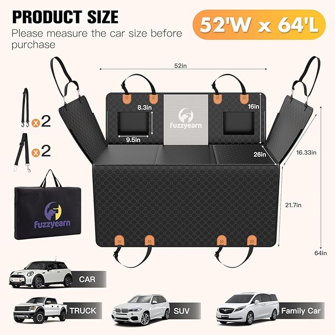 Back Seat Extender for Dogs,Leather Dog Car Seat Cover for Back Seat Hard Bottom Holds 400lbs,100% Waterproof Dog Car Hammock, Sturdy Pet Seat Protector for Car, SUV,Small Truck(Brown)