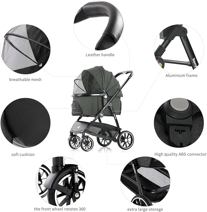 Kenyone Pet Stroller 3 in 1 Dog Cart for Medium Small Size Dogs, Large Cat Stroller with Detachable Carrier for Puppies, Doggies, Kitties, Bunnies (Olive)