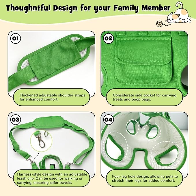 Snowlove Foldable Pets Outdoor Travel Carrier with Legs-Out Holes and Walkable Harness,Hand-Held & Shoulder Carry Pets Soft-Sided Carriers, Dog and Cats Carrier Slings(Green, Small)